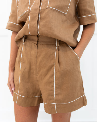 Tan Linen Shorts with Contrast Stitching