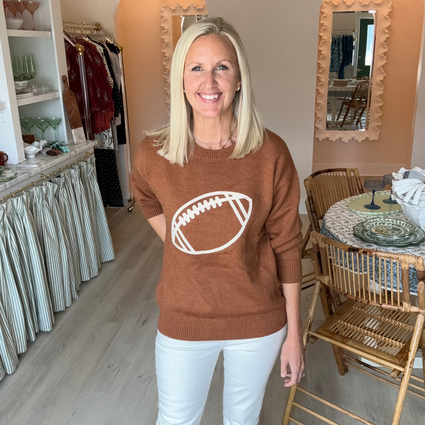 Brown Embroidered Football Sweater