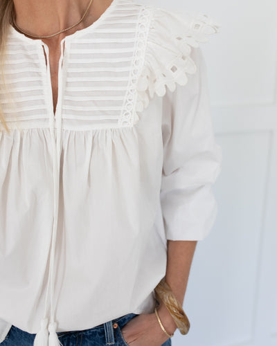 White Embroidered Flutter Sleeve with Tuck Detail Top
