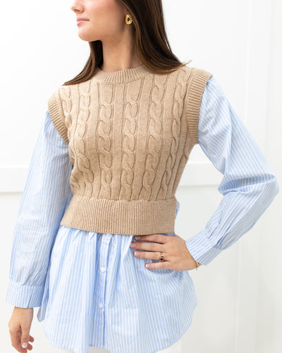 Beige Cable Knit Sweater with Blue Striped Shirt