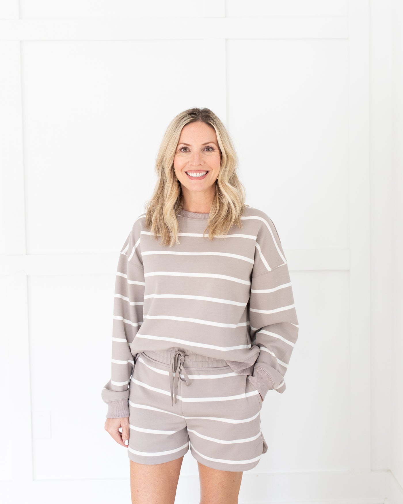 Mocha & Cream Stripe Sweatshirt & Shorts Set