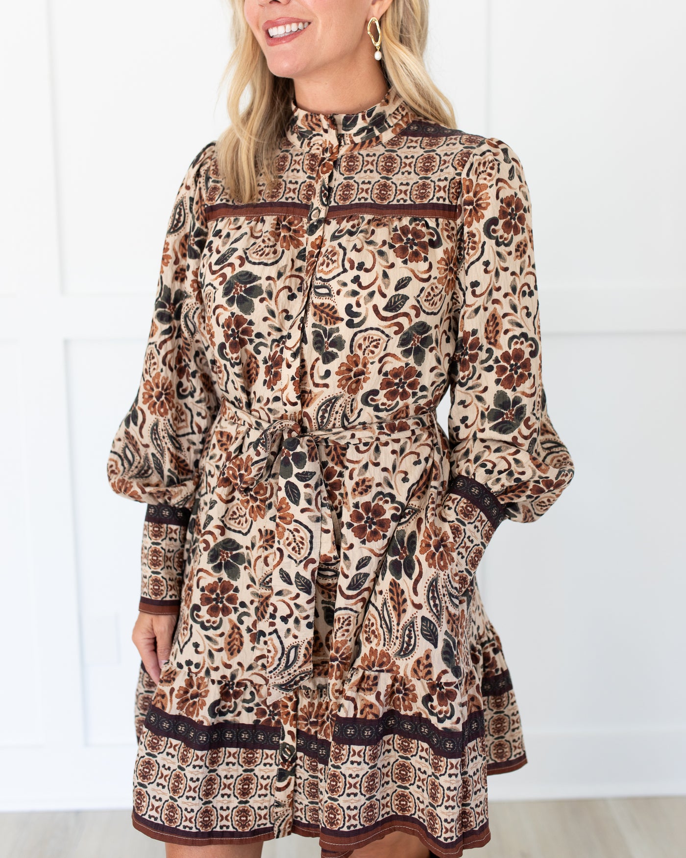 Neutral Black, Brown and Tan Floral Belted Mini Dress
