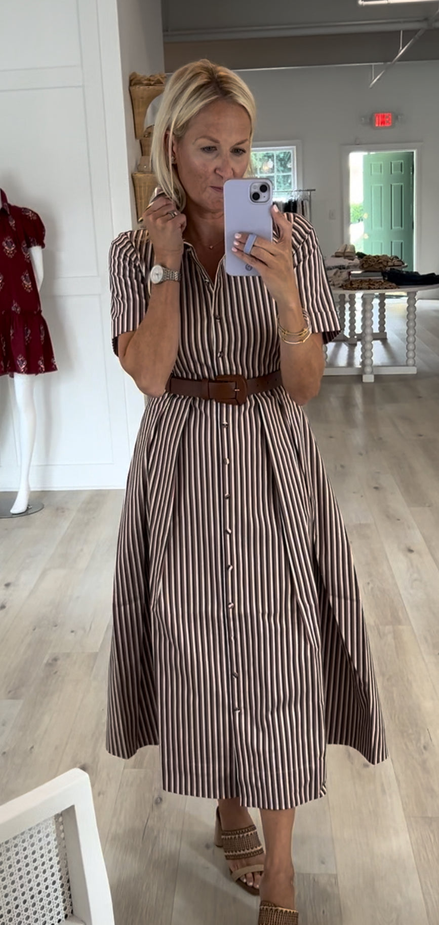 Brown Multi Stripe Midi Dress with Belt