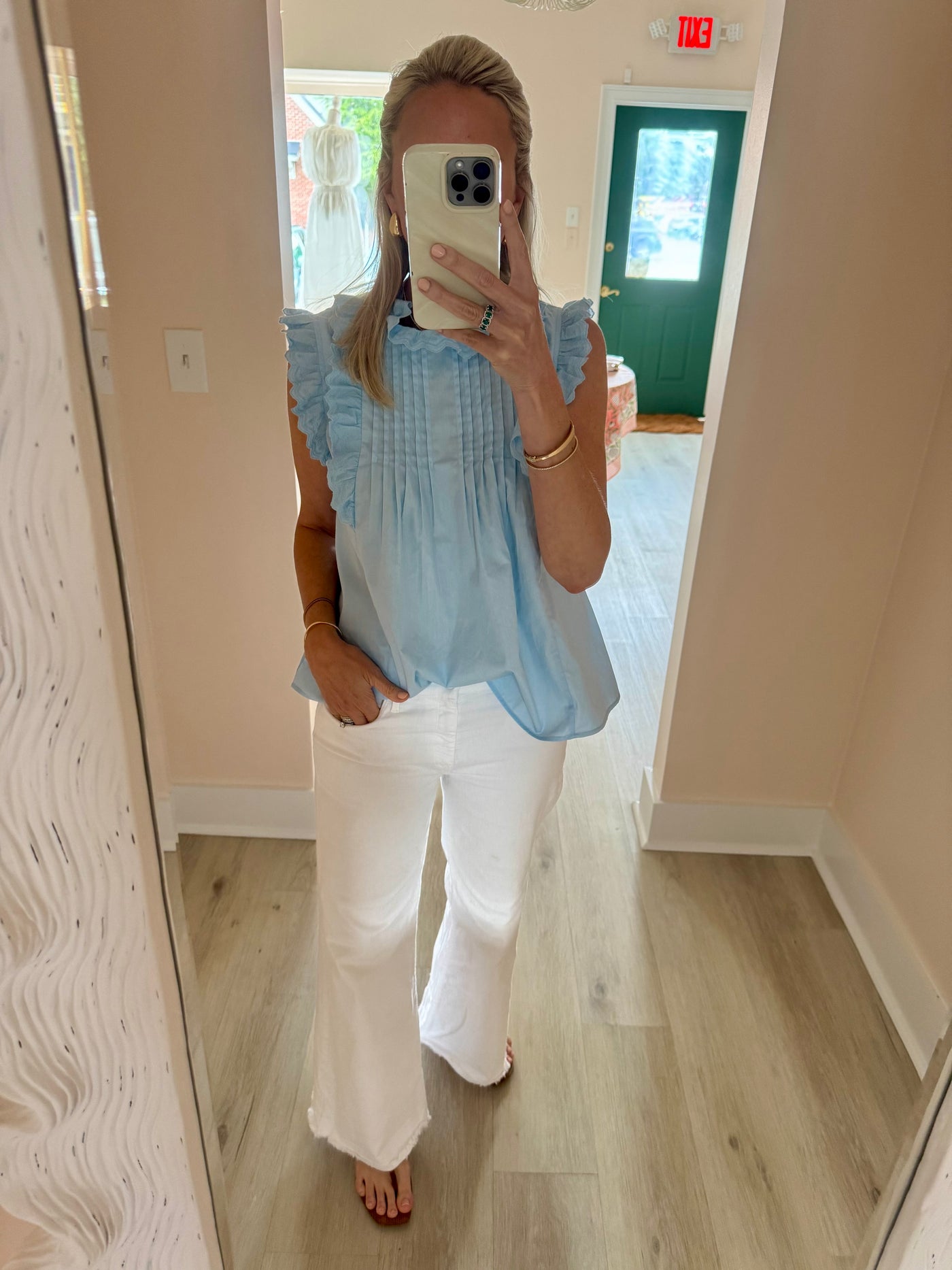 Light Blue Embroidered Ruffle Sleeveless Top