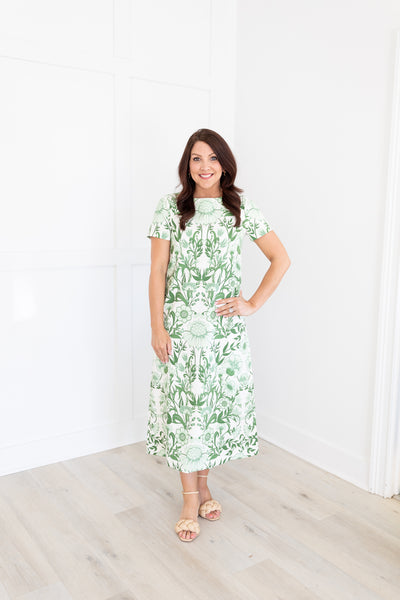Green and Ivory Floral Midi Dress with Bowtie Back