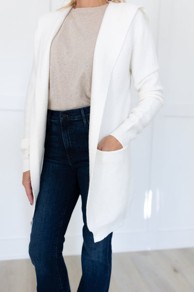 Ivory Ribbed Cardigan with Hood