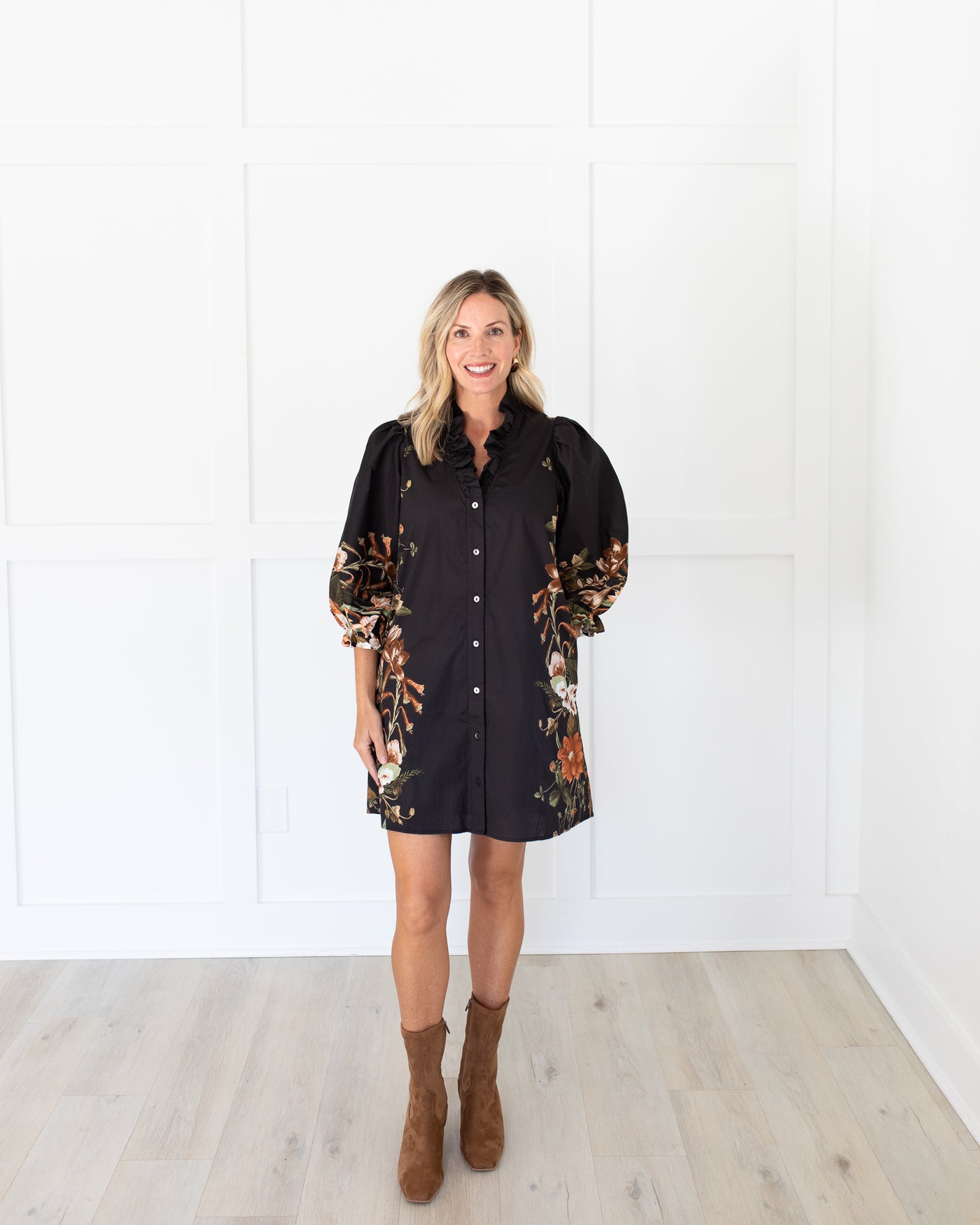 Black Long Sleeve Mini Dress with Brown and Cream Florals