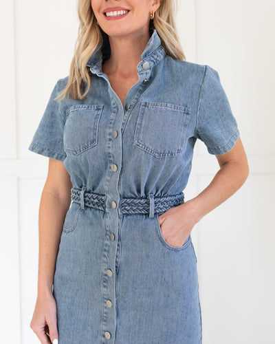 Short Sleeve Denim Mini Dress with Braid Belt