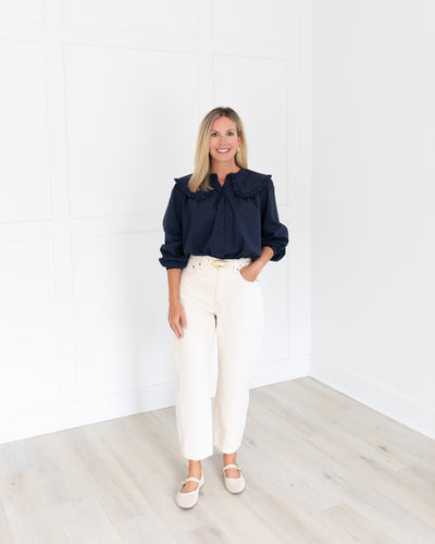 Navy Ruffle Collar Button Front Blouse