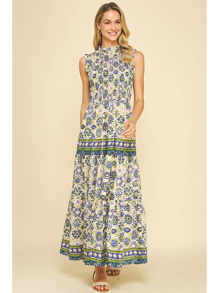 Blue and Green Floral Tiered Maxi Dress