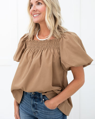 Khaki Square Neckline Puff Sleeve Top