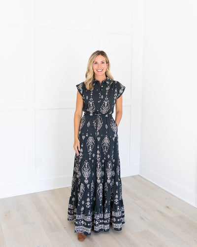 Charcoal Navy Bandana Print Maxi Dress