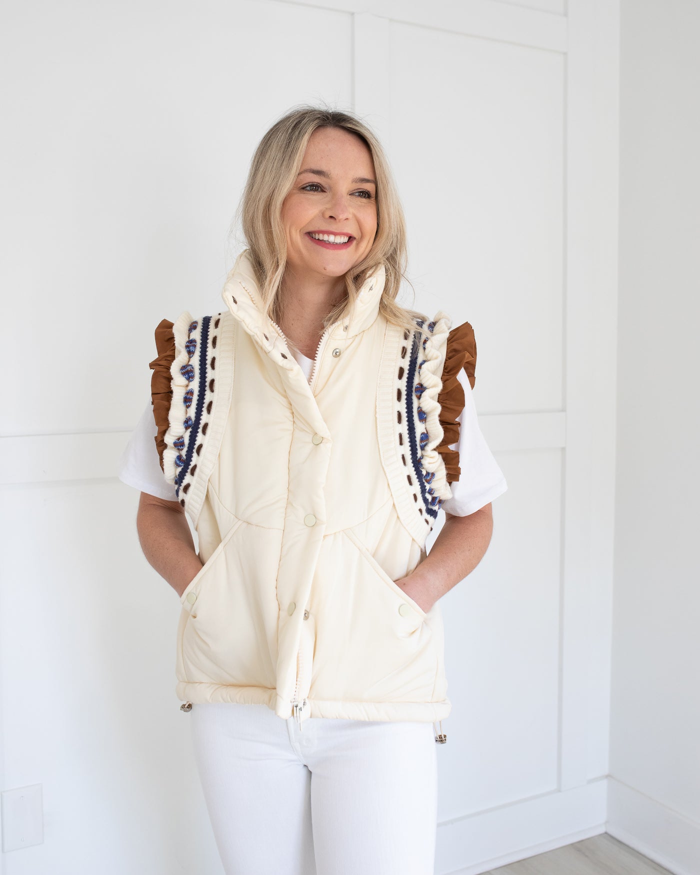 Ivory Ruffle Sleeve Puffer Vest with Embroidered Knit Detail