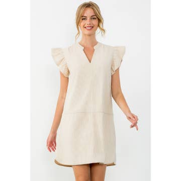 Cream Flutter Sleeve Corduroy Dress