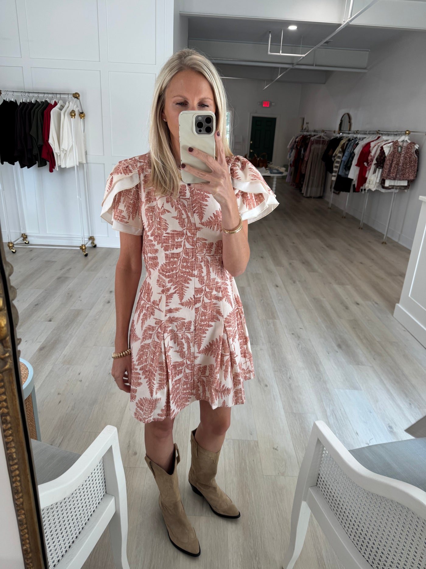 Rust and Cream Botanical Print Pleated Dress
