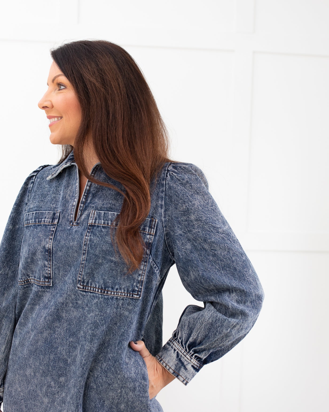 Long Sleeve Denim Mini Dress with Chest Pockets