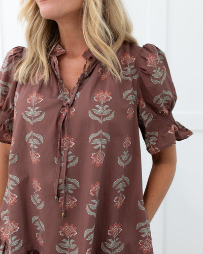 Brown Floral Drop Waist Dress