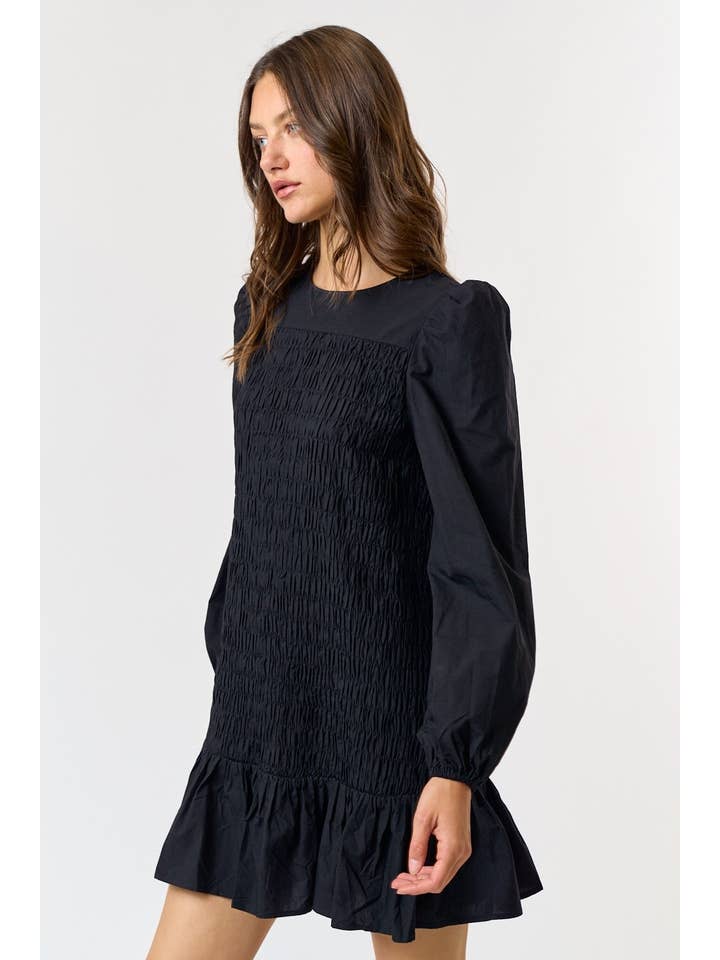 Black Smocked Puff Sleeve Mini Dress