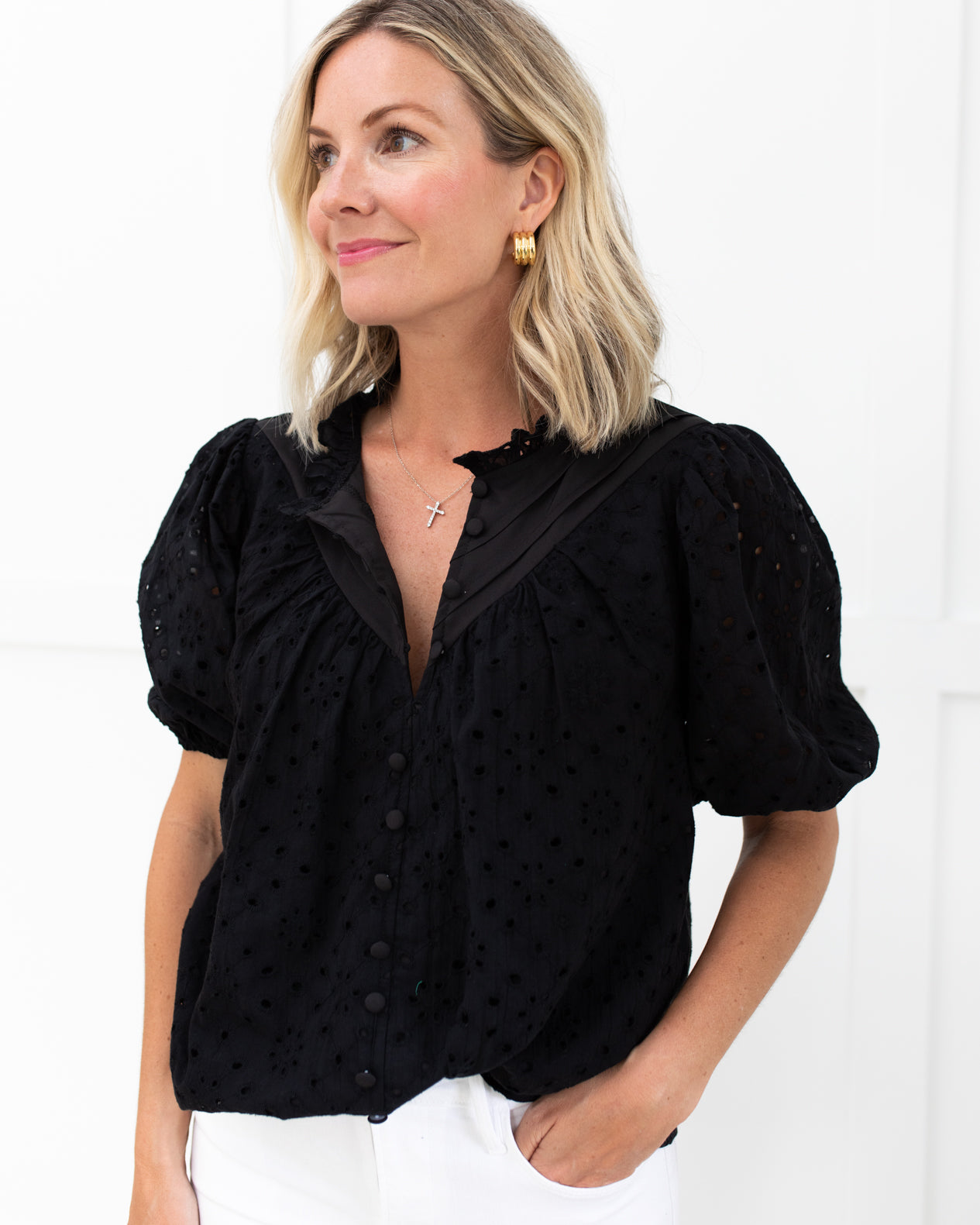 Black Eyelet Button Front Top
