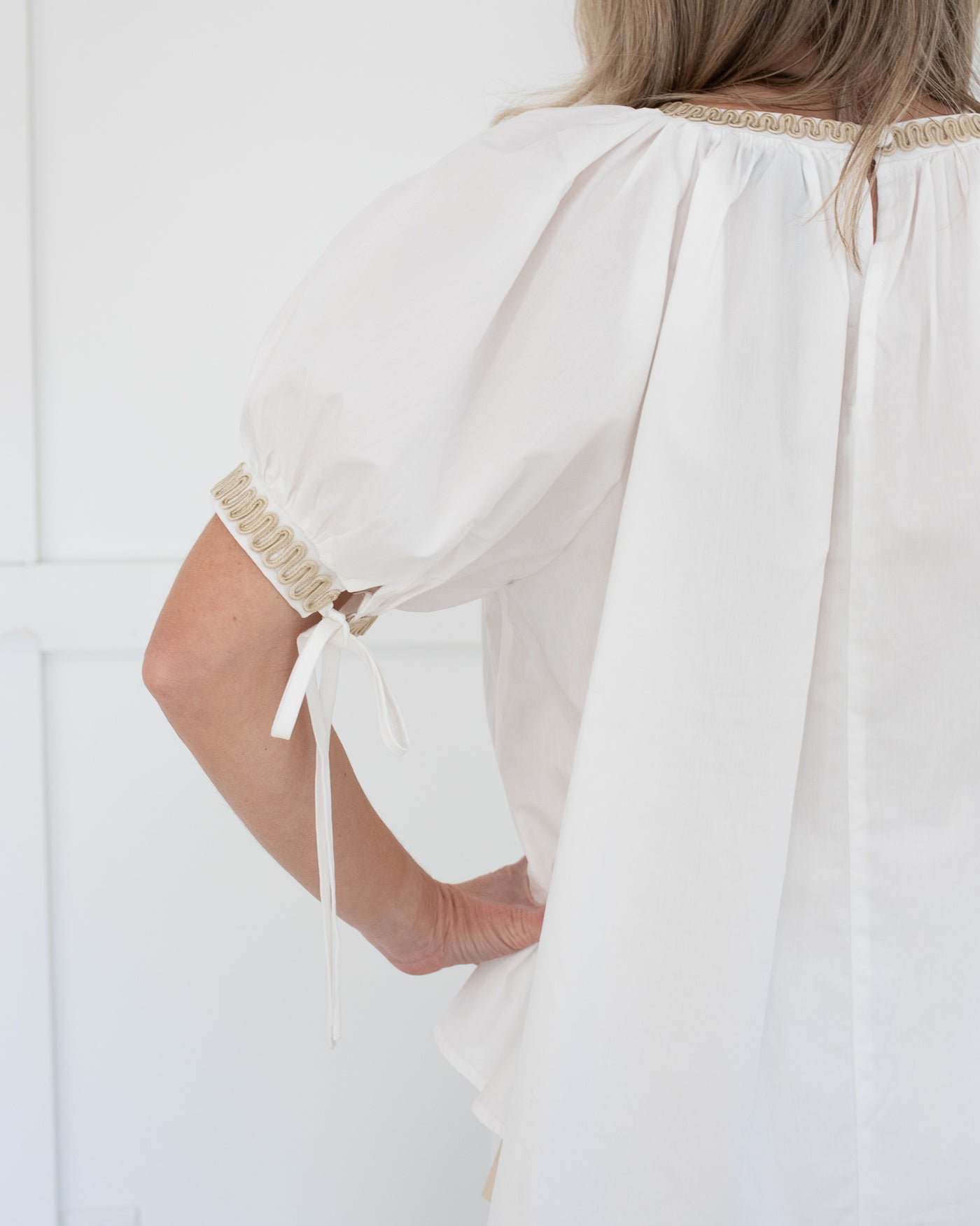 White Puff Sleeve Blouse with Tan Embroidered Trim