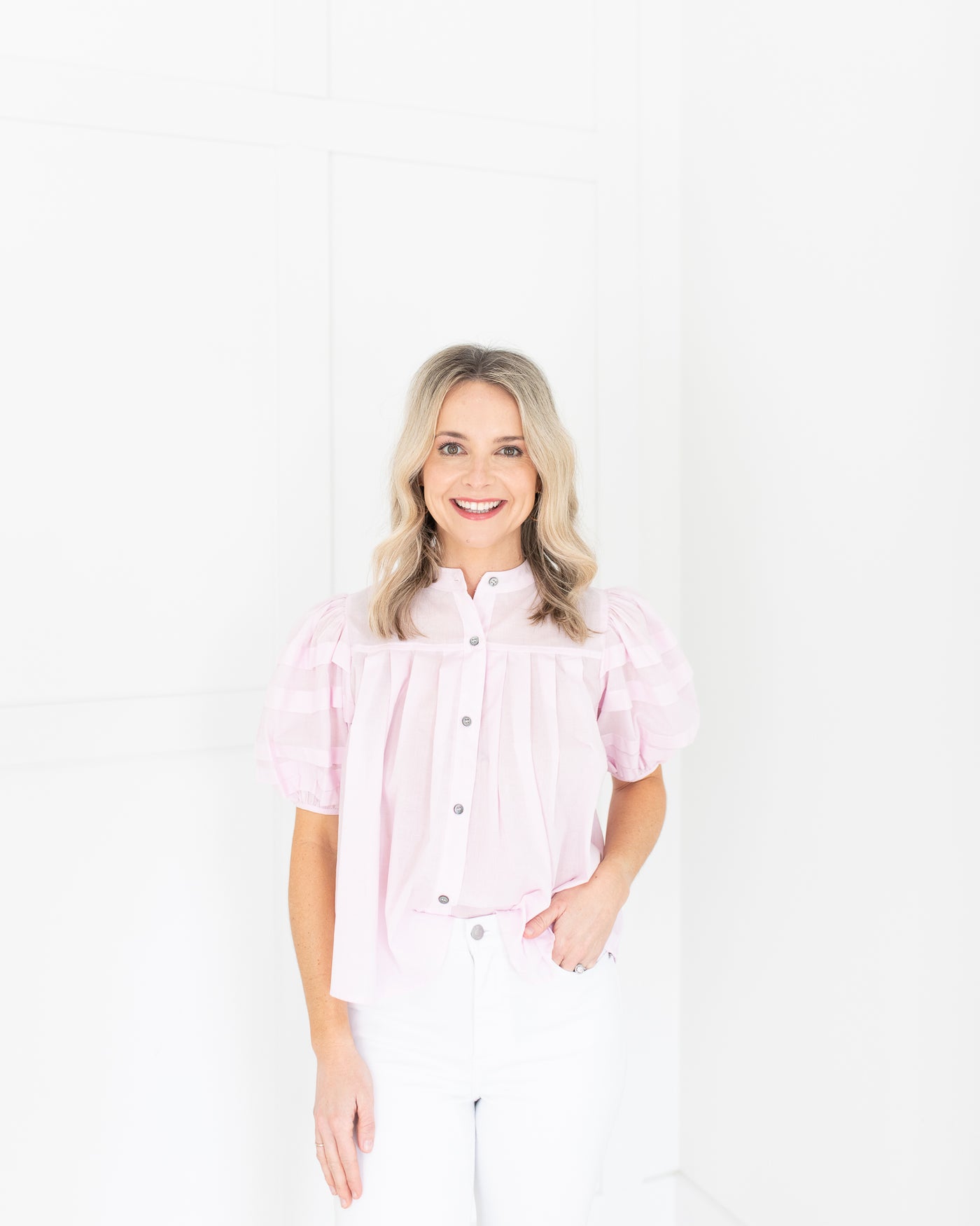 Pale Pink Puff Sleeve Top with Buttons