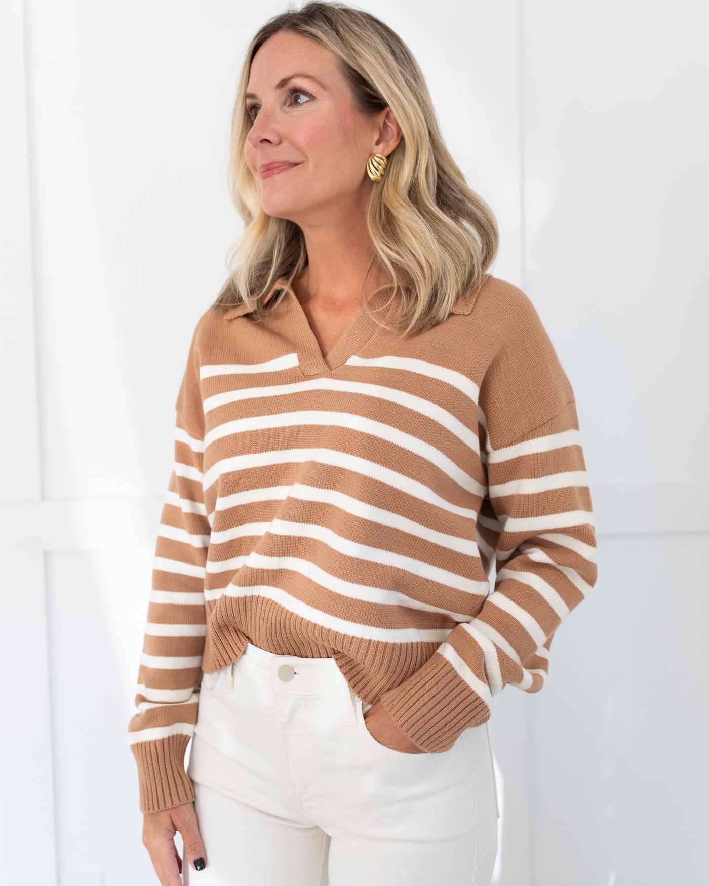 Mocha and Cream Striped Collared Sweater