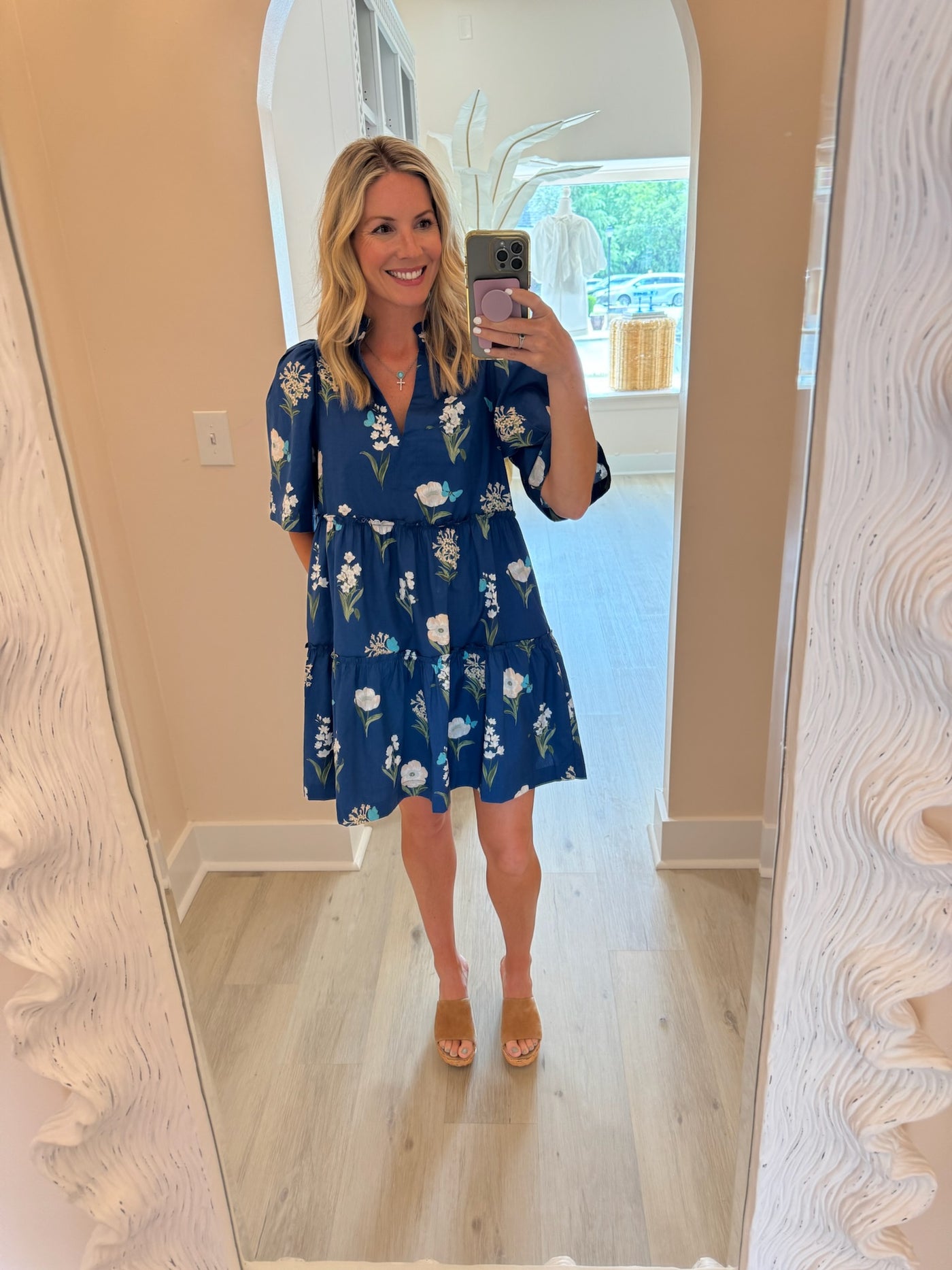 Deep Blue Shift Dress with Blush and White Flowers