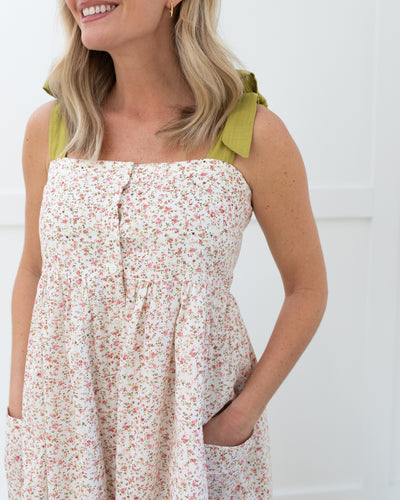 Blush, White and Green Tie Floral Dress With Buttons