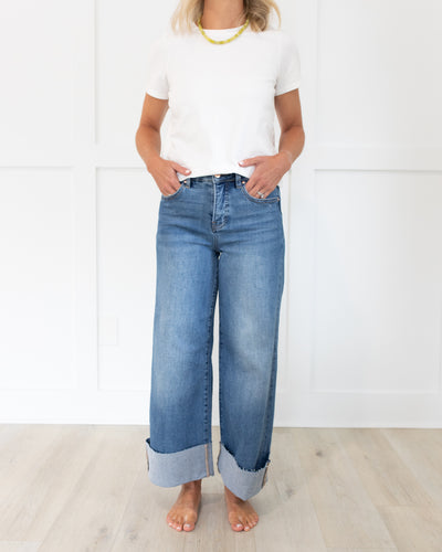 High Rise Crop Wide Cuffed Jeans