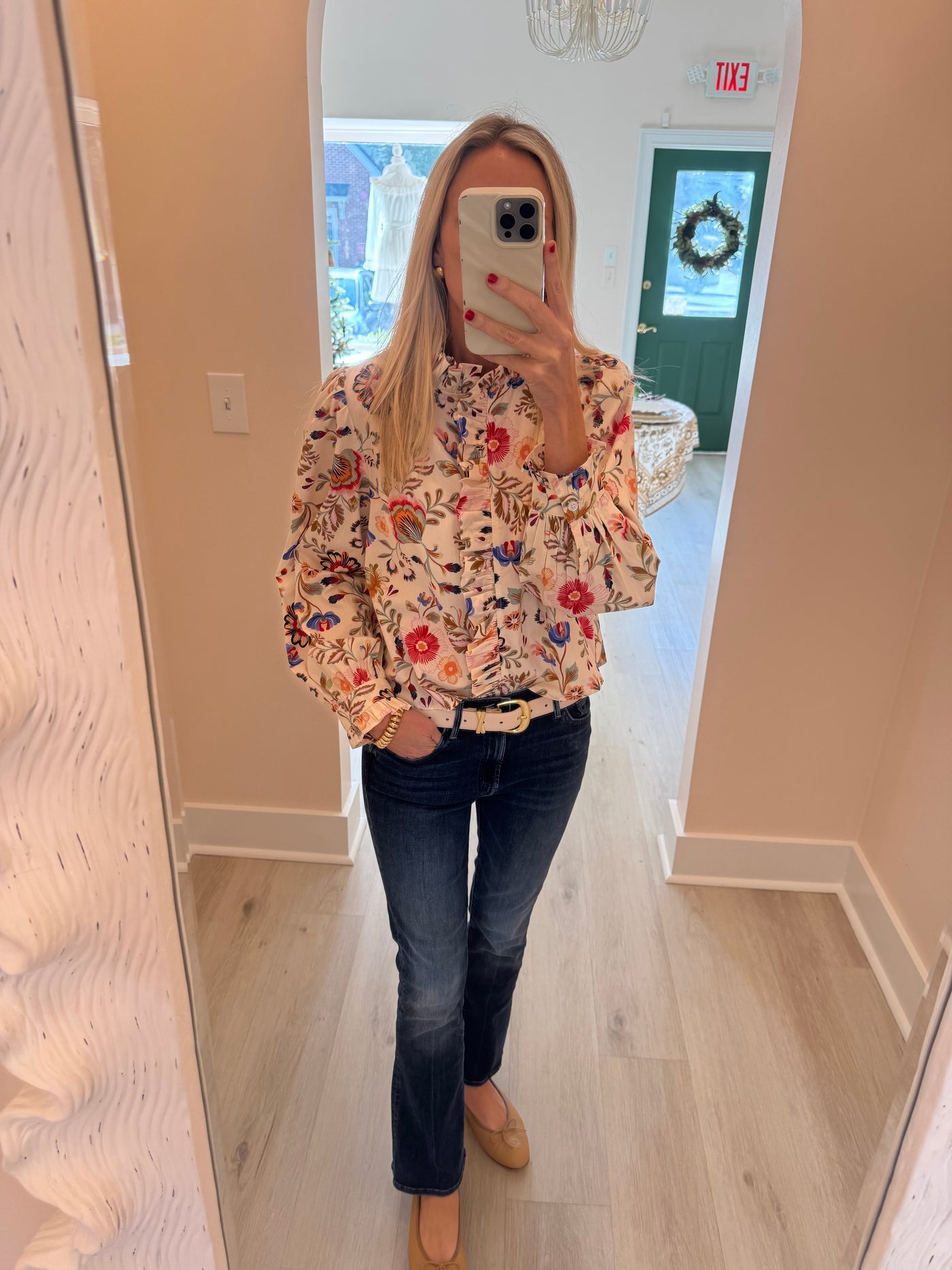 Cream Ruffle Front Floral Blouse