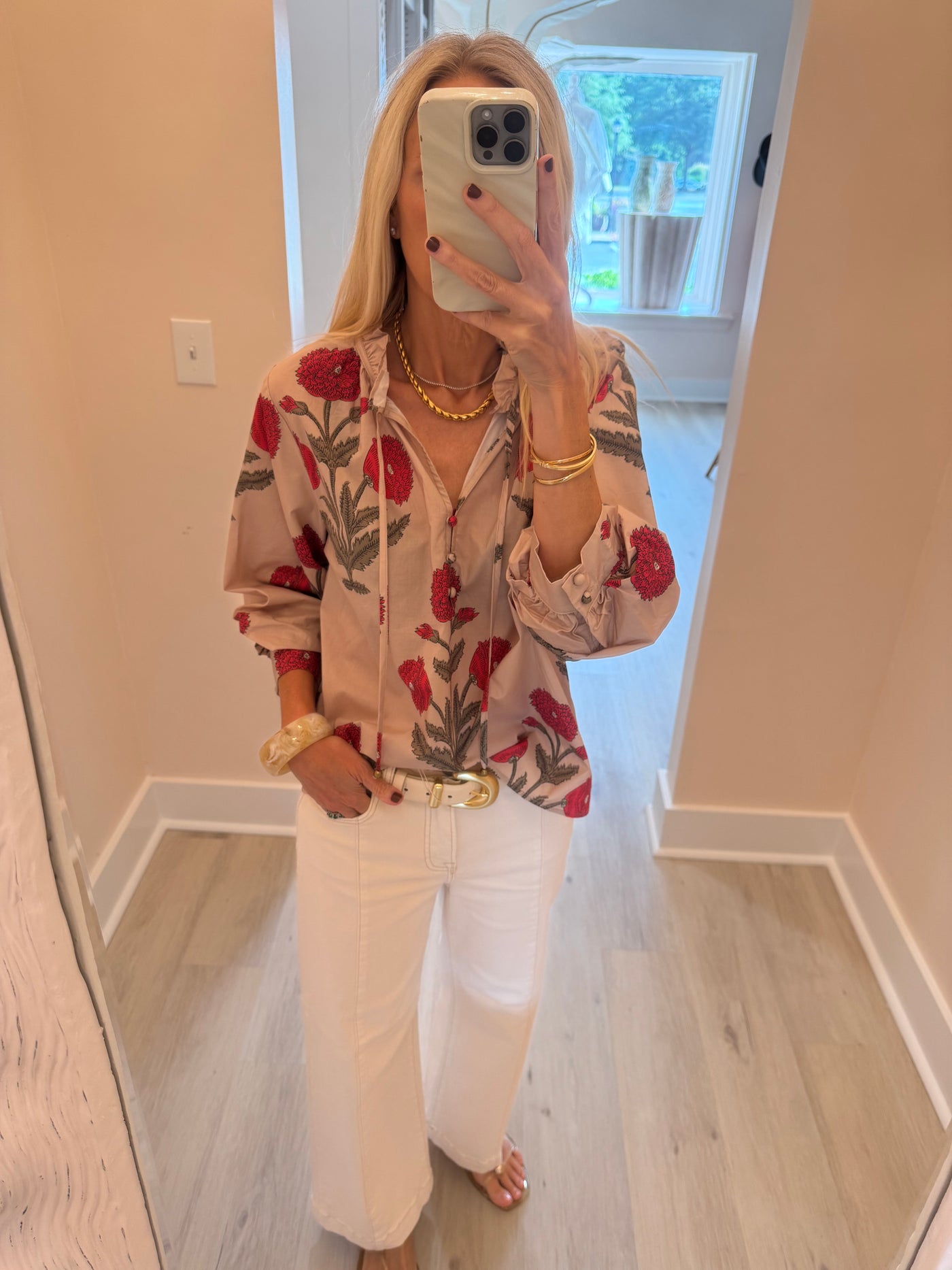 Tan and Poppy Balloon Sleeve Top