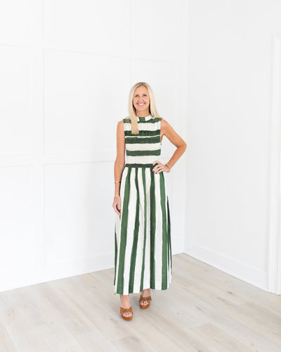 Green and Ivory Striped Maxi Dress