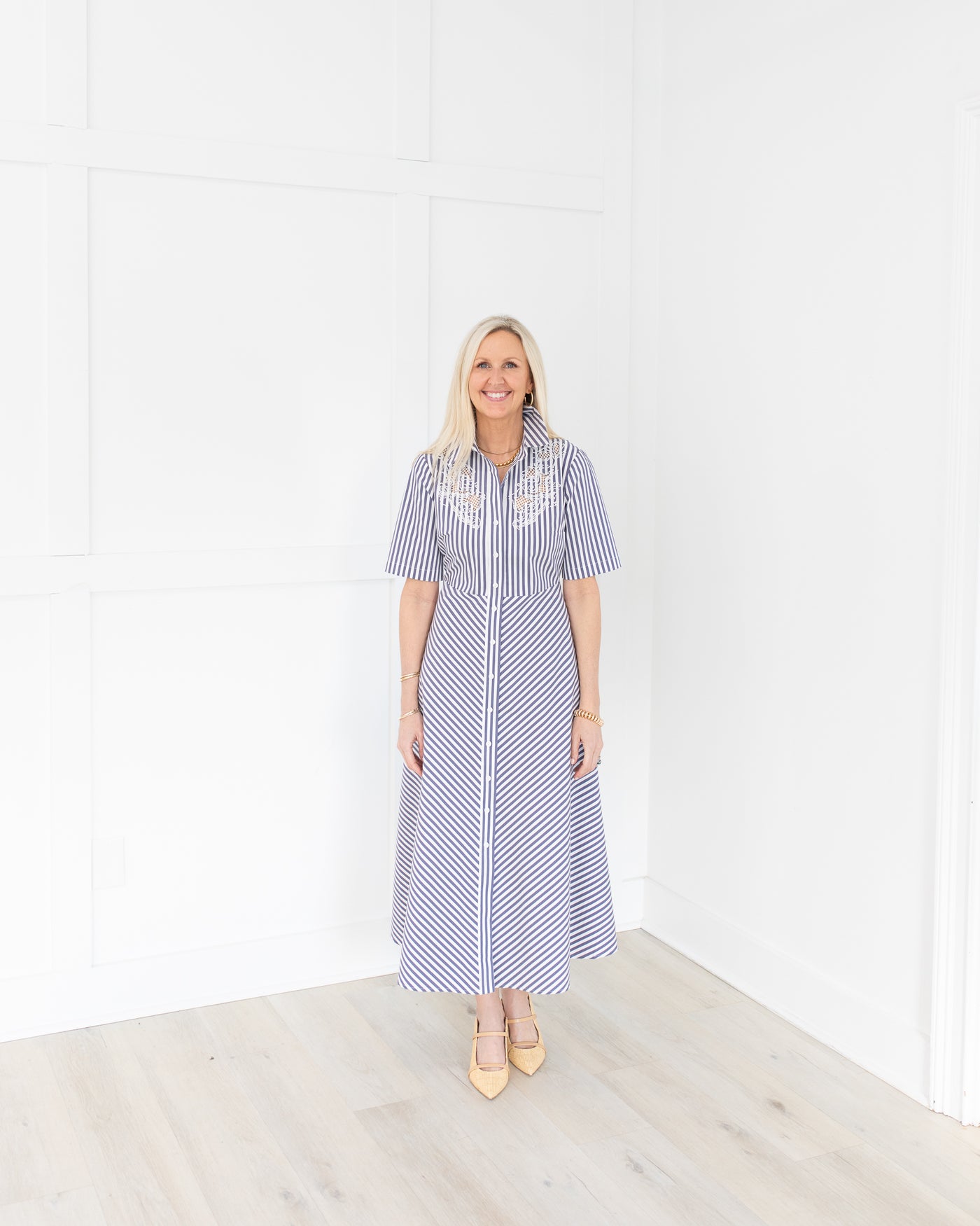 Blue and White Belted Stripe Midi Dress with Beading