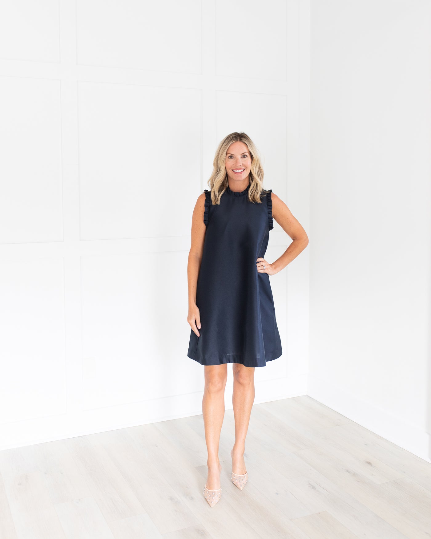 Navy Tunic Dress with Ruffle Detail and Back Bow