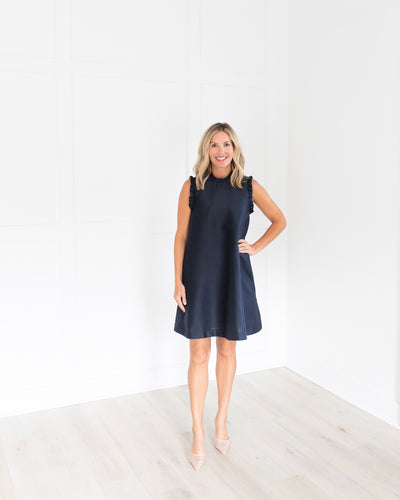 Navy Tunic Dress with Ruffle Detail and Back Bow