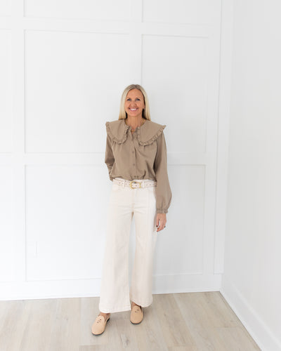 Tan Ruffle Collar Button Front Blouse