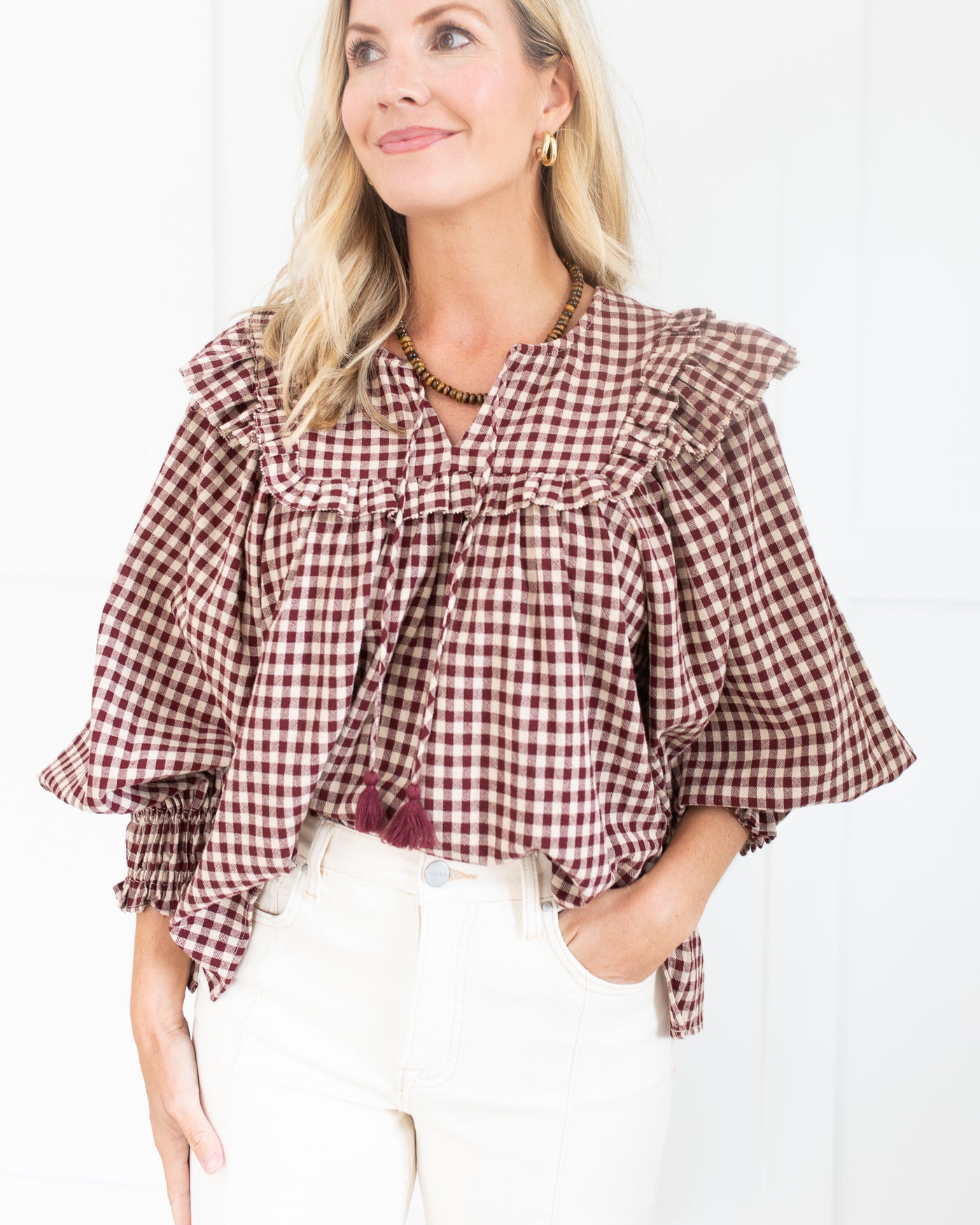 Burgundy & Neutral Gingham Long Sleeve Blouse