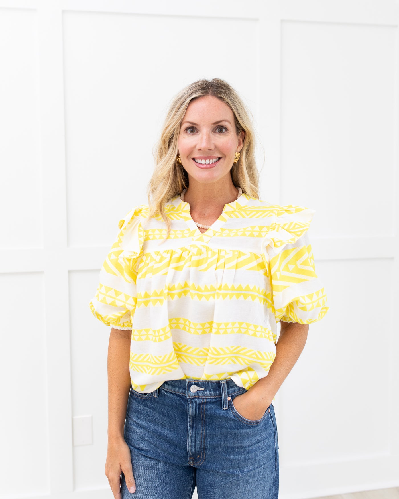 Neon Yellow V Front Aztec Blouse