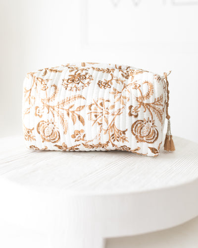 Brown and White Autumn Floral Cosmetic Bag