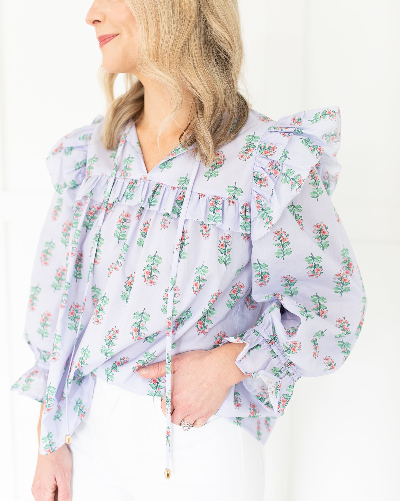 Lilac and Coral Floral Ruffle Sleeve Top