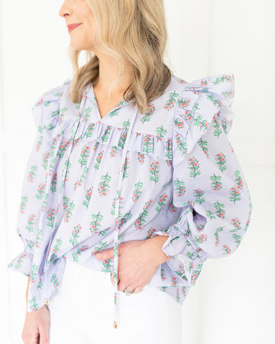 Lilac and Coral Floral Ruffle Sleeve Top