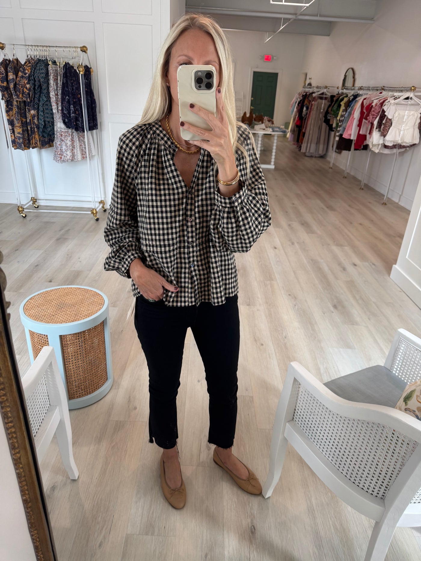 Black Gingham Button Top