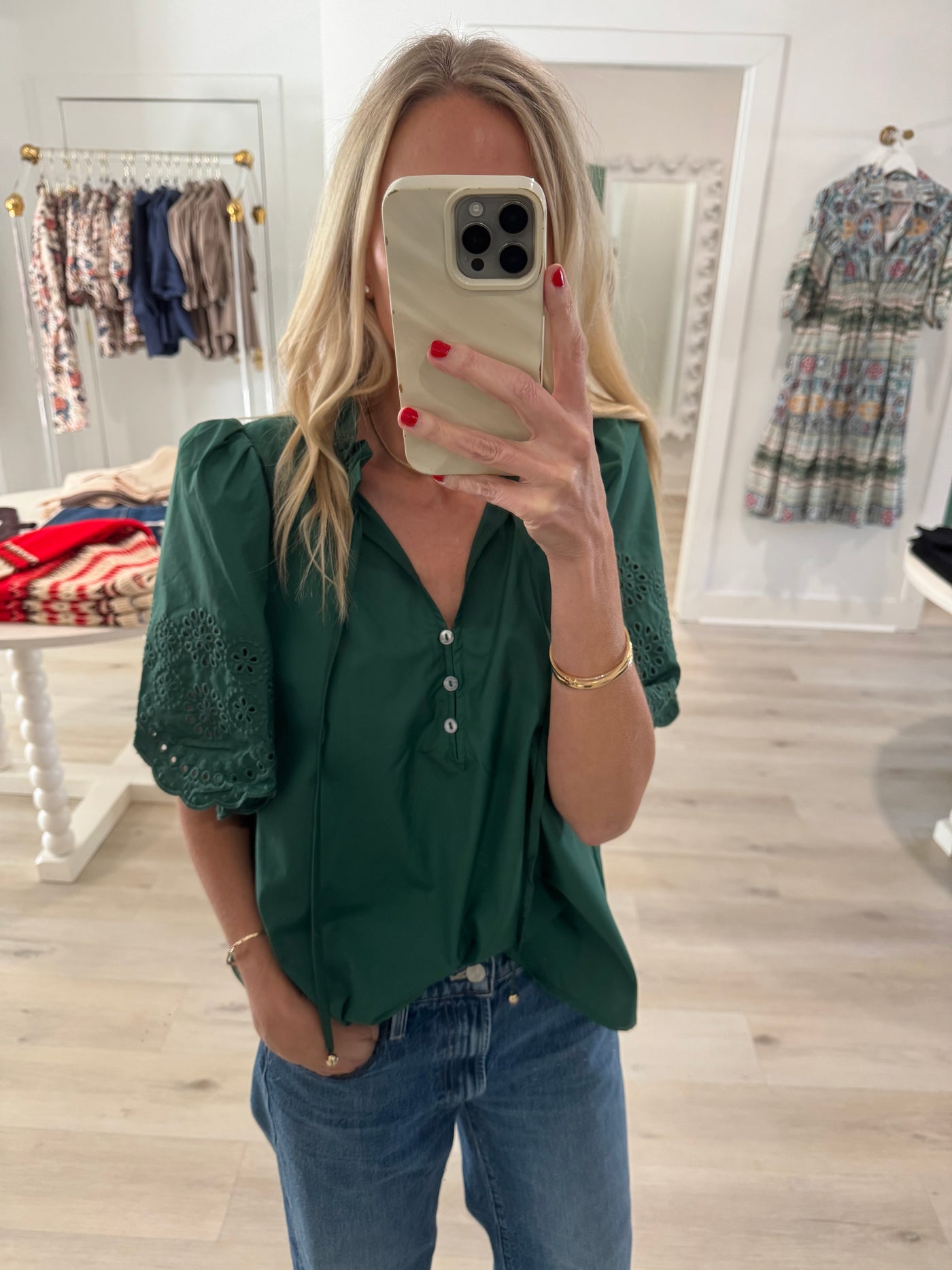 Emerald Eyelet Scallop Sleeve Top