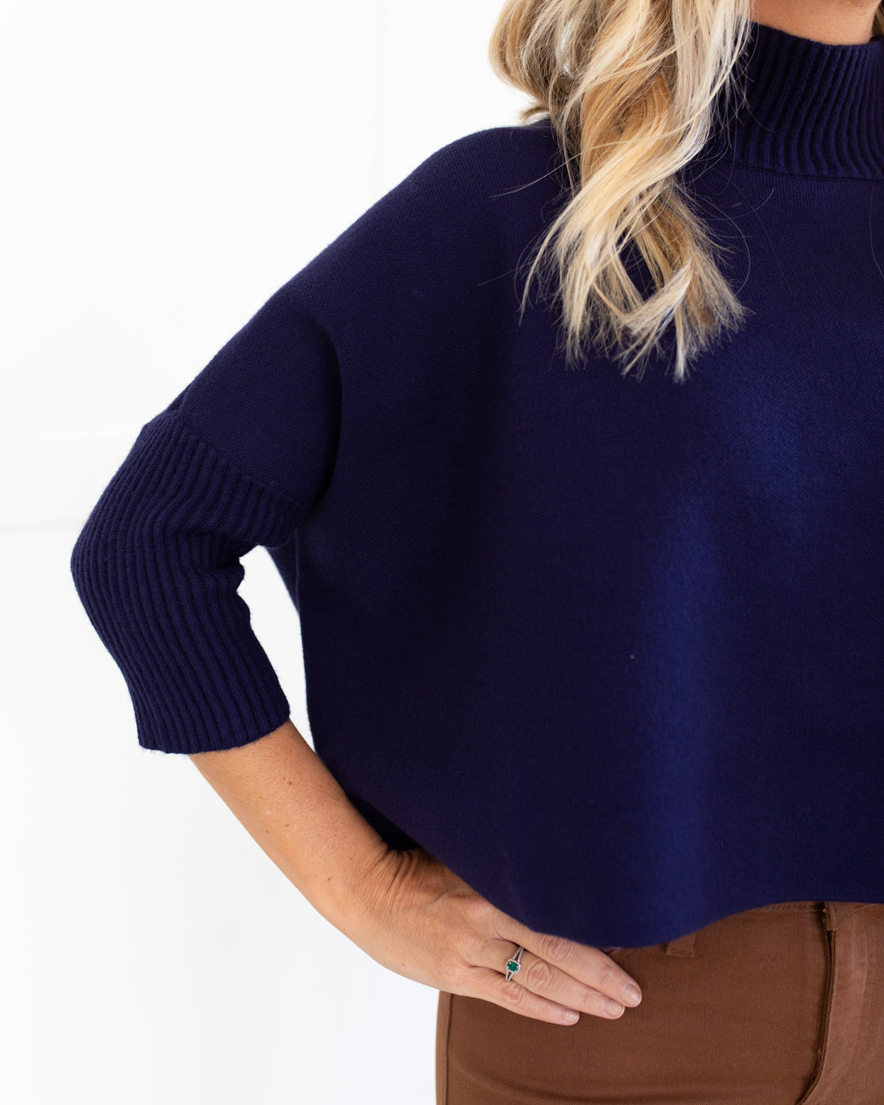 Mock Neck Crop Sweater in Navy One Size