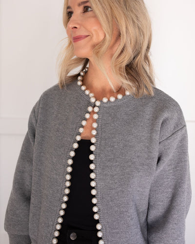 Grey Cardigan with Pearl Pom Trim