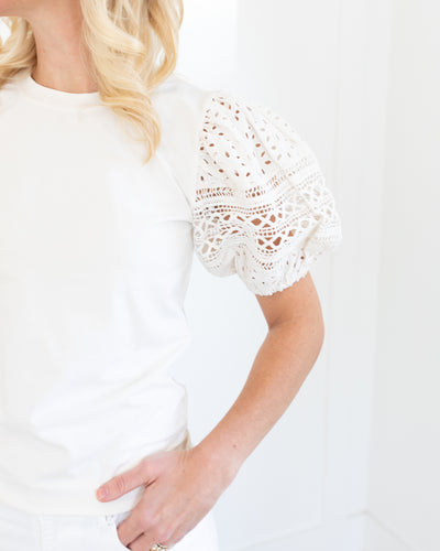 White Shirt with Eyelet Puff Sleeves