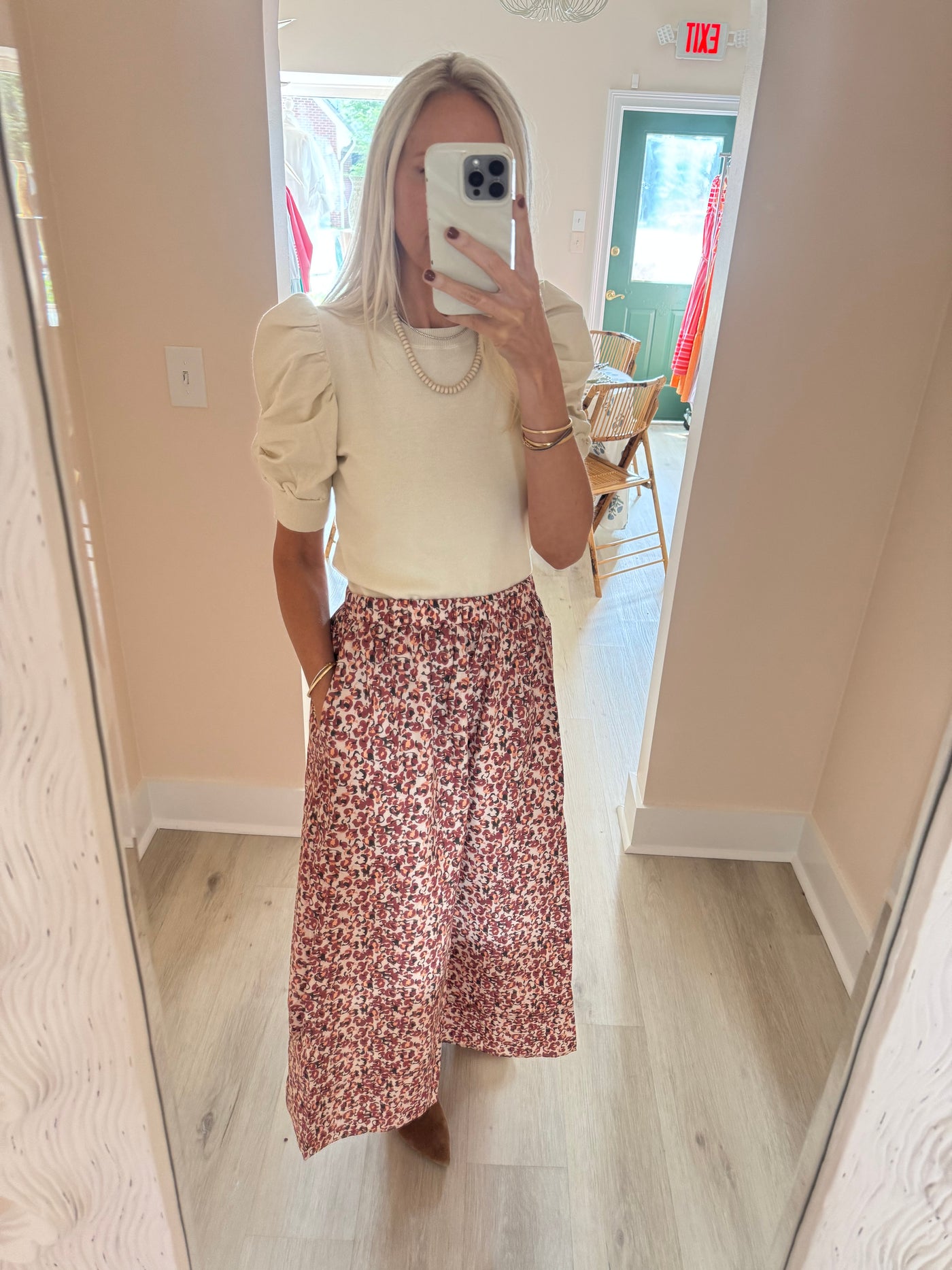 Burgundy Floral Midi Skirt