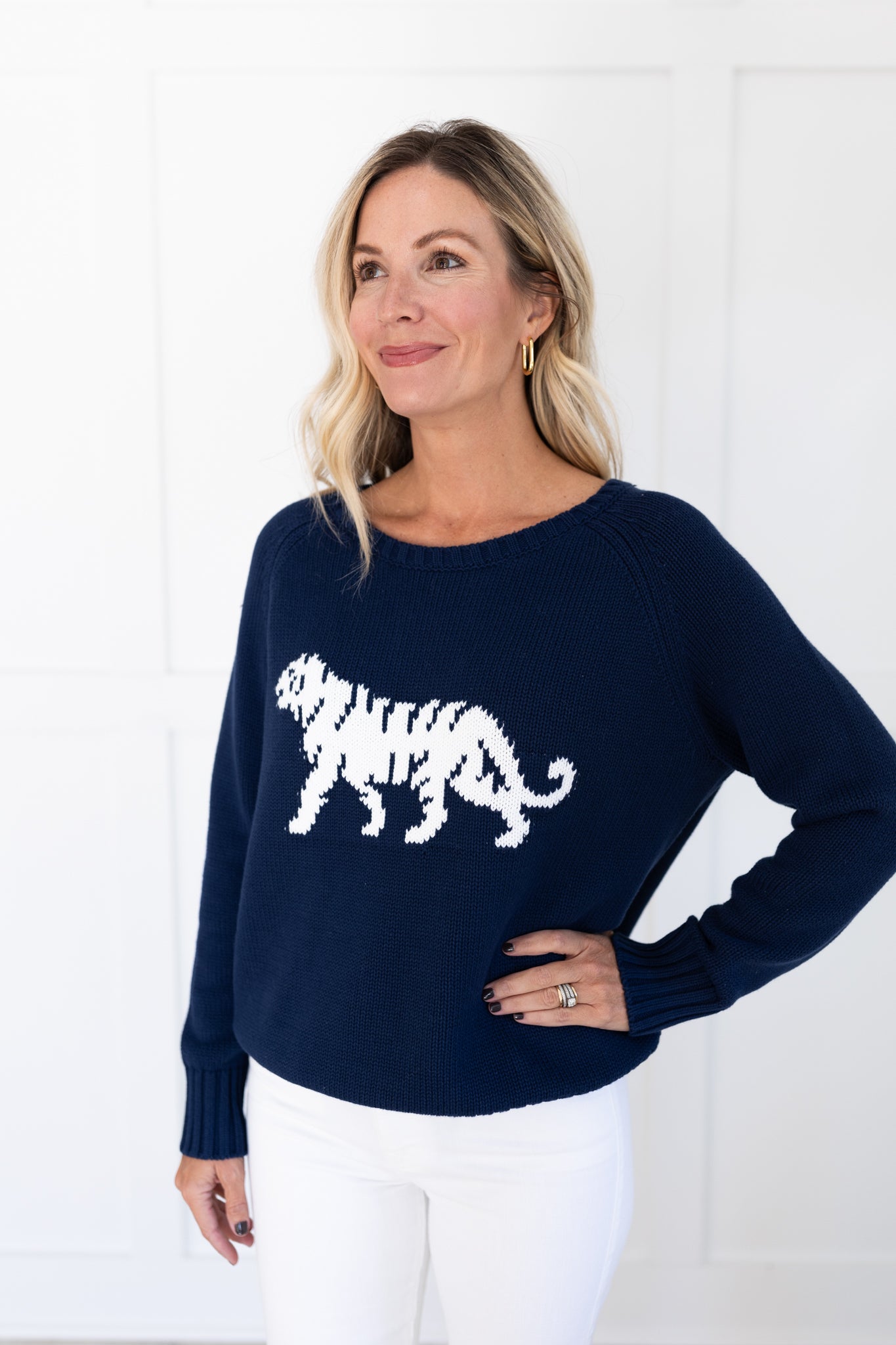 Navy Sweater with White Tiger