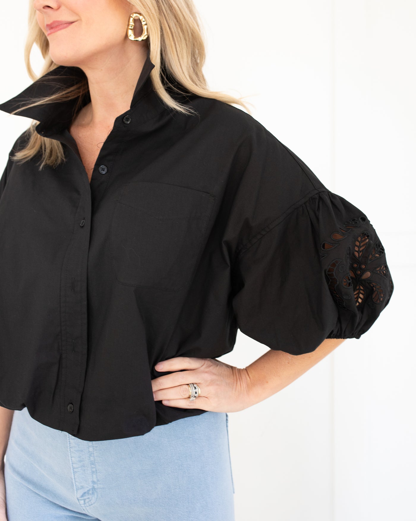 Black Blouse with Embroidered Sleeve