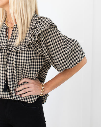 Black and Neutral Gingham Long Sleeve Blouse